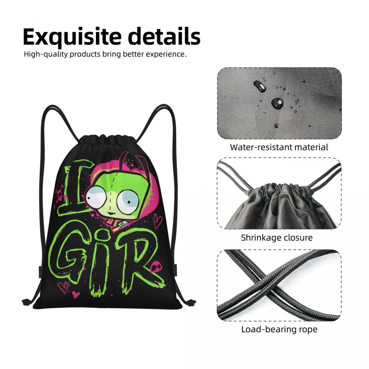 Invader Zim Valentine's Day I Love GIR Retro Pop Drawstring Backpack Sports Gym Bag String Sackpack for Cycling