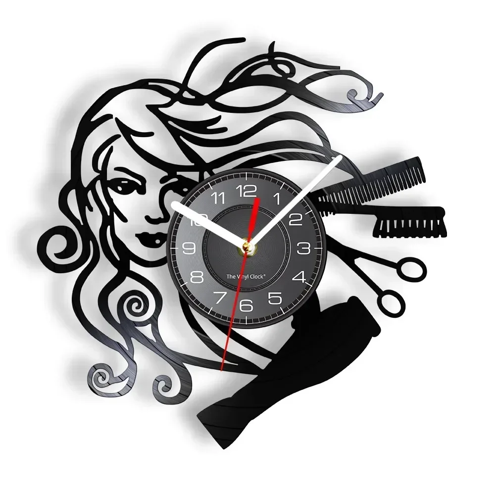 Hairstyle Beauty Salon Vinyl Record Wall Clock Hair Stylist Salon Barber Shop Retro Black Wall Clock Hairdresser Gifts for Woman