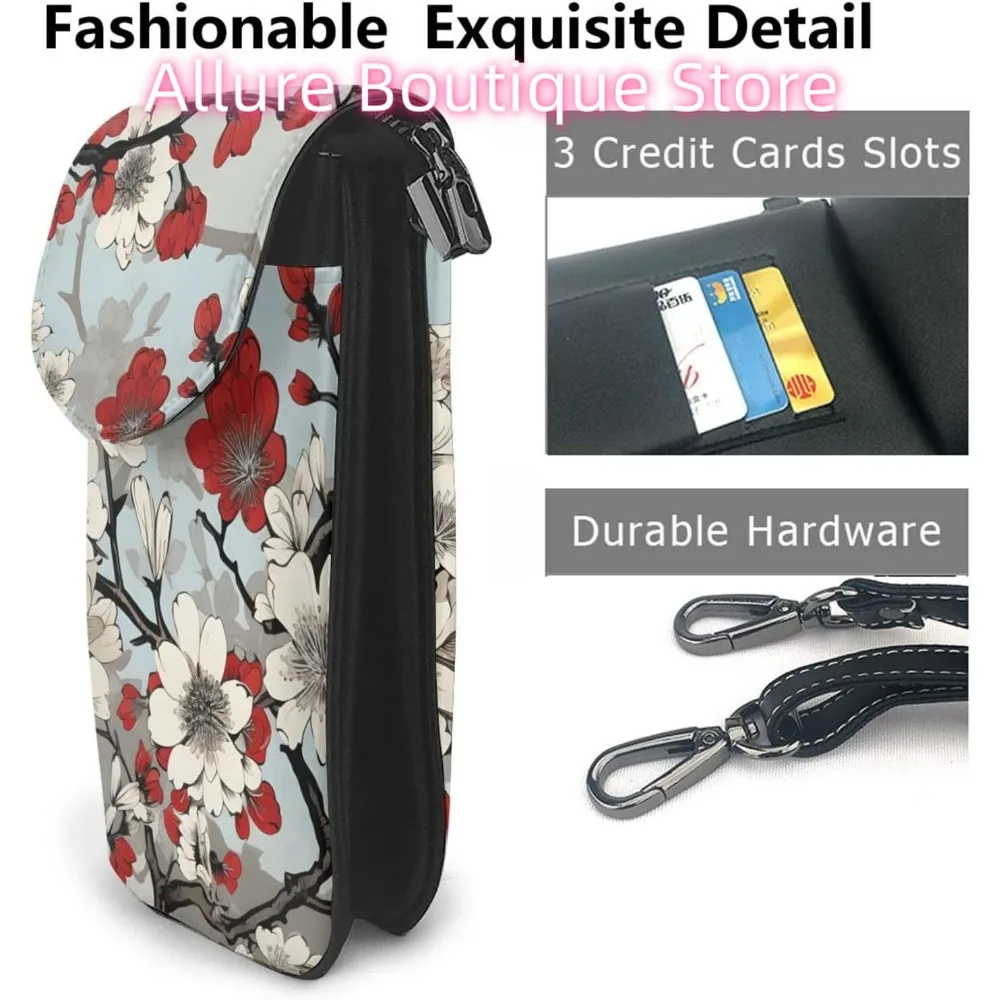 Colorful Plum Blossoms Crossbody Bag for Women PU Leather Small Travel Cell Phone Pouch Lightweight Mini Phone Purse Wallet Cros