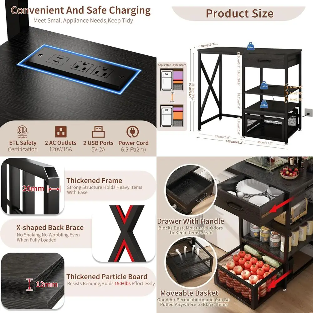 Compact Black Microwave Stand with Adjustable Shelves for Kitchen, Dining, and Dorm Use