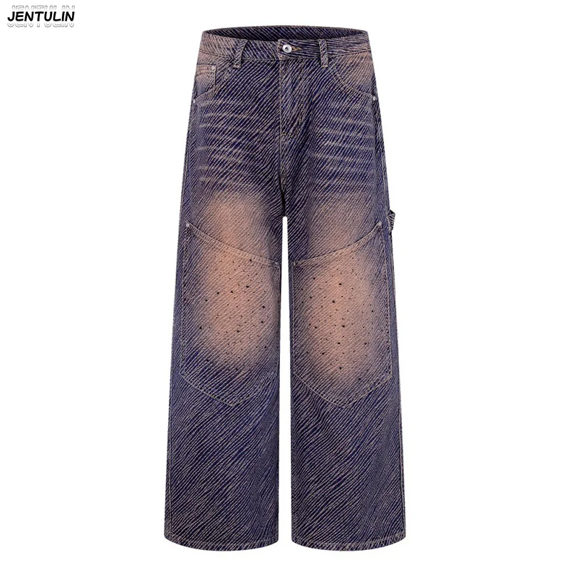 

Американские рабочие джинсы с большими карманами, широкие штанины, из твила, с эффектом потертости, белые, в стиле High Street, свободные, прямые, модные