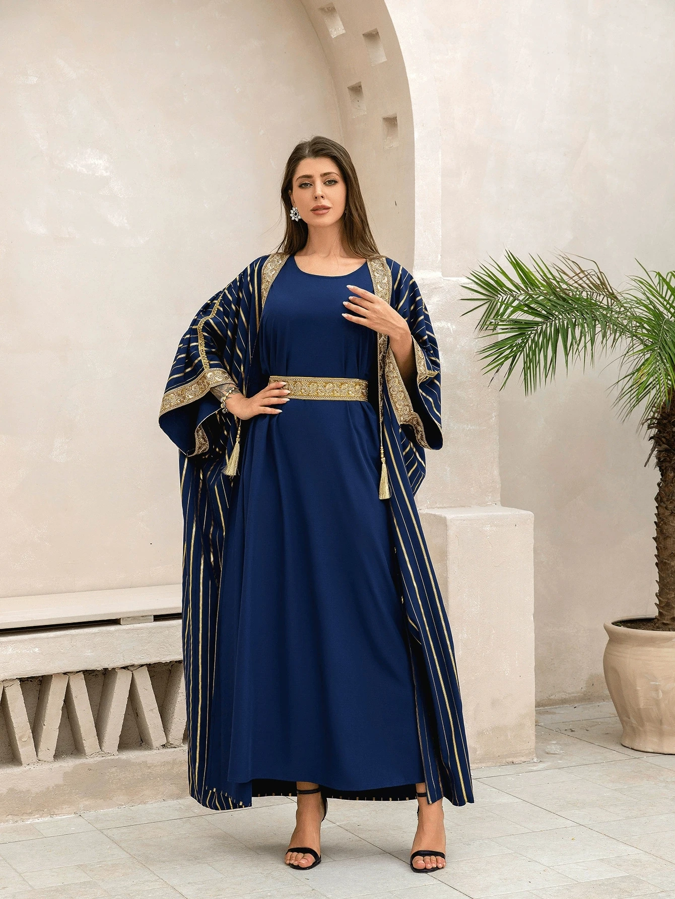 Oriente Medio Arabia Saudita musulmán bata de moda de lujo vestido de mujer Ramadán islámico verano estampado en caliente conjunto de dos piezas