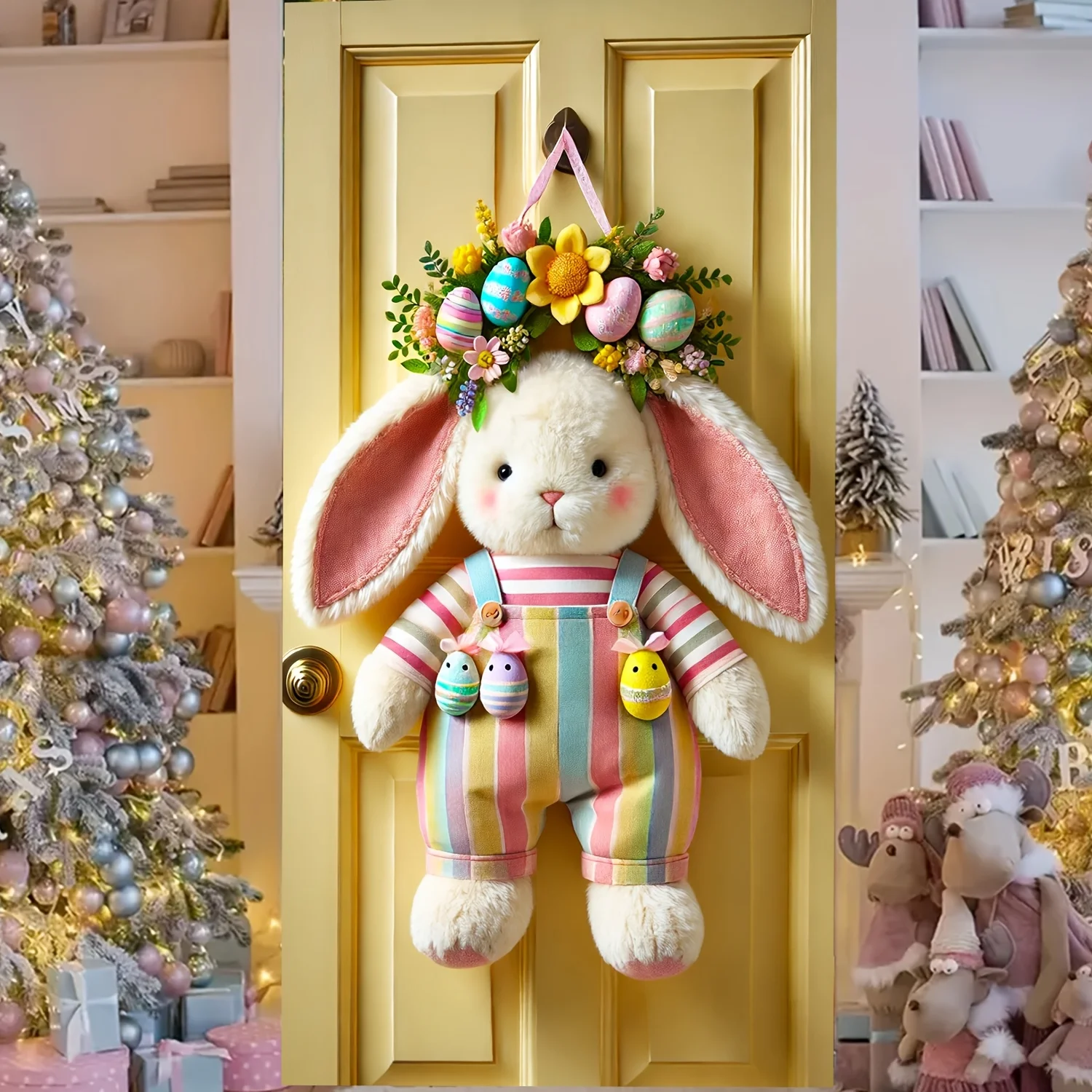 Easter Bunny with Egg Wreath Door Cover Polyester, no power required, suitable for spring doorway and room decoration