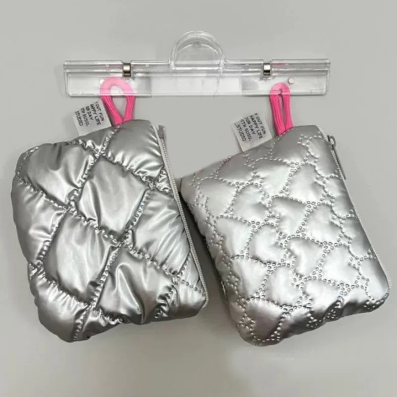 Cute Silver Emboss Coin Purses Women Cosmetic Ins Rhomboid Sweet Bowknot Makeup Bag Earphone Data Cable Storage Bag Zipper Pouch