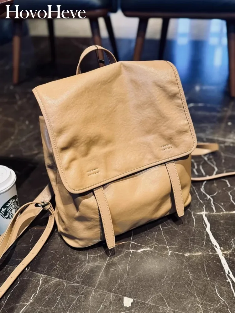 High Quality Soft Cowskin Genuine Leather Backpack Women Solid Color Casual Large Capacity Casual Bag Vintage Harajuku Backpacks