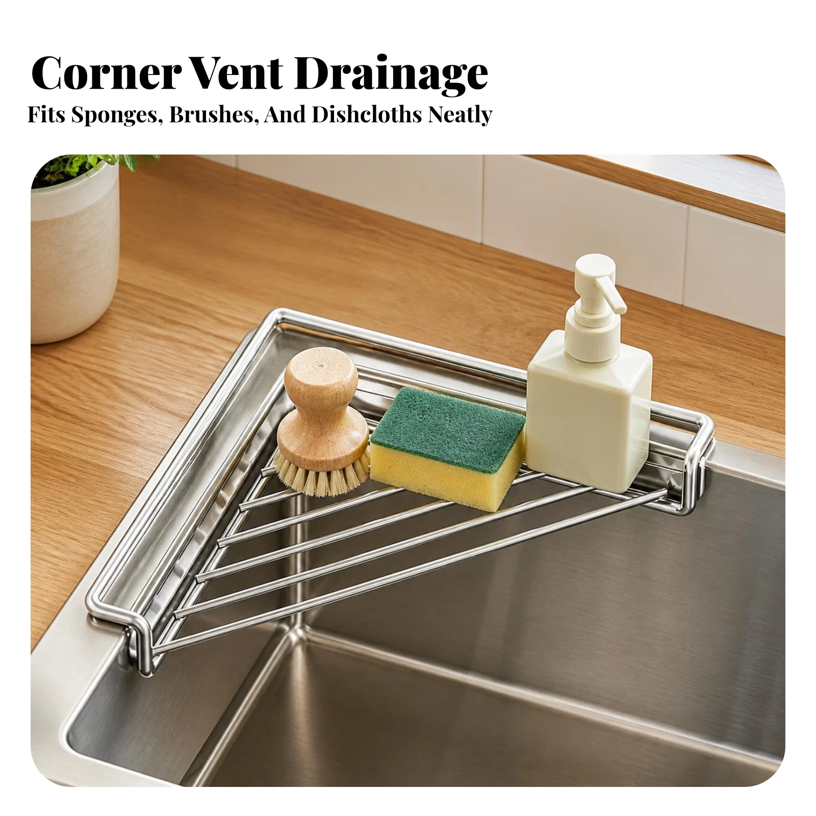 Triangular Sink Drain Rack Compact Stainless Steel Sink Rack with Drainage Rods Long-Lasting Sturdy for Sponge Storage