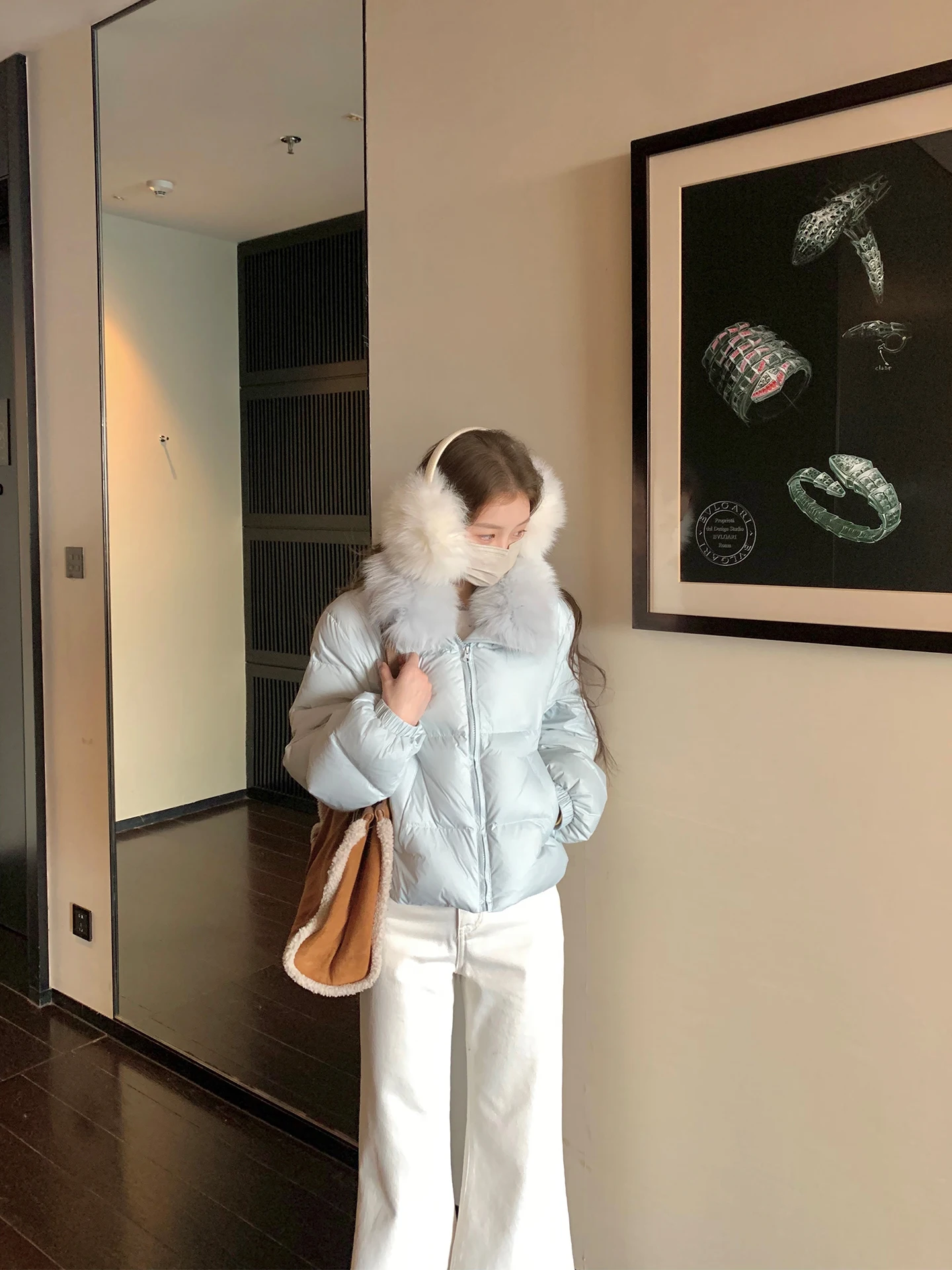 

XXIIUU Winter New Fur Collar down Jaet with Gloves Long Sve Warm Outerwear Korean Sle Loose Fit Ladies Coat