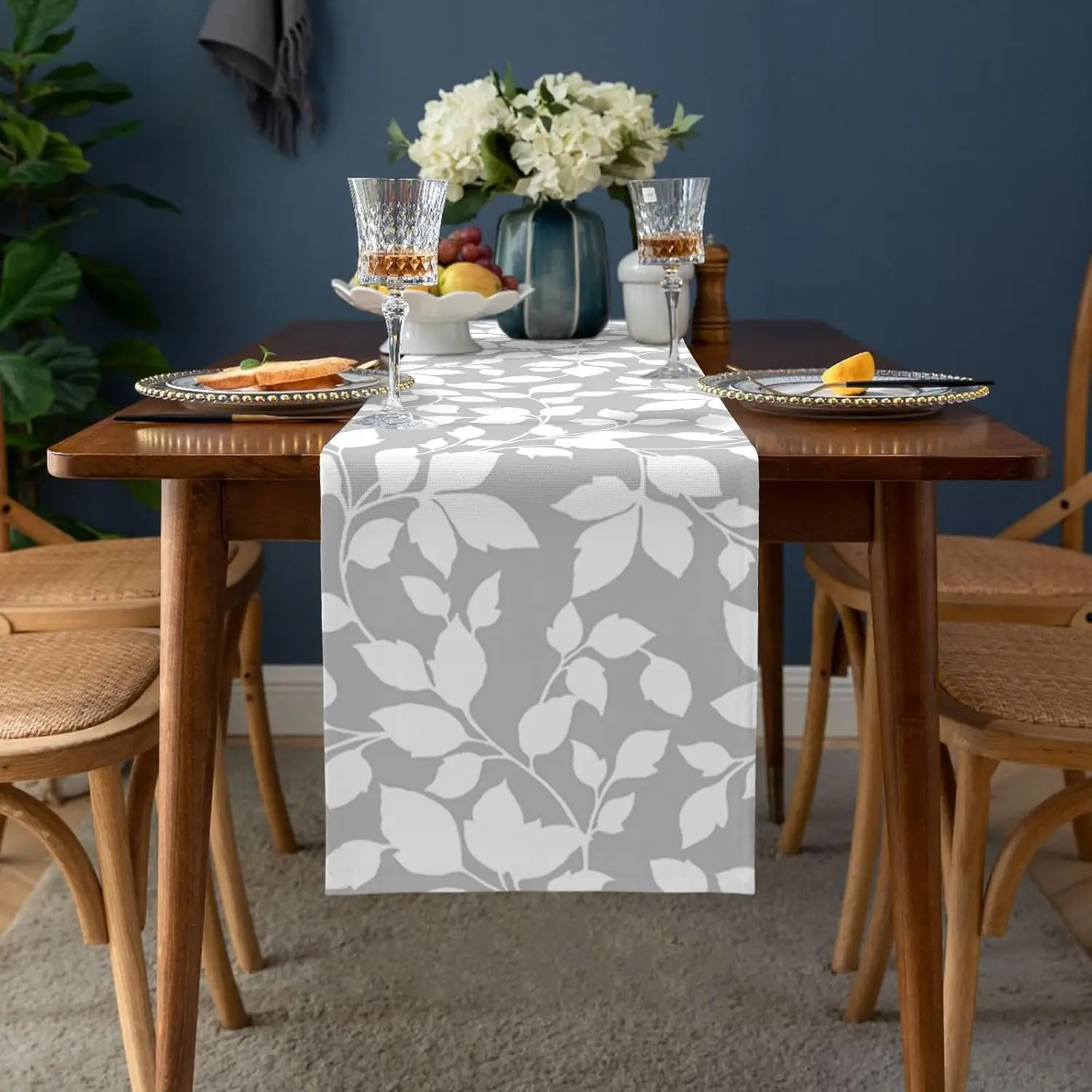 Spring Summer Grey Leaf Vines Linen Table Runner Party Decor Reusable Farmhouse Kitchen Dining Table Runner Wedding Decorations