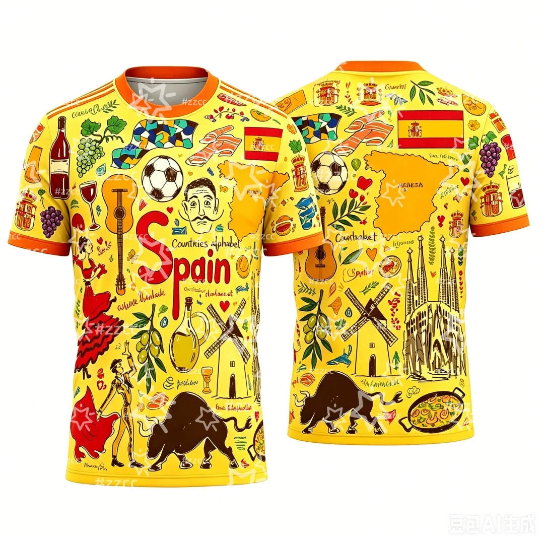 

2026 Spanish football jersey fan gift Spanish style graphic T-shirt Summer Sports Men's T-Shirt Kid's Clothing cycling jersey ﻿