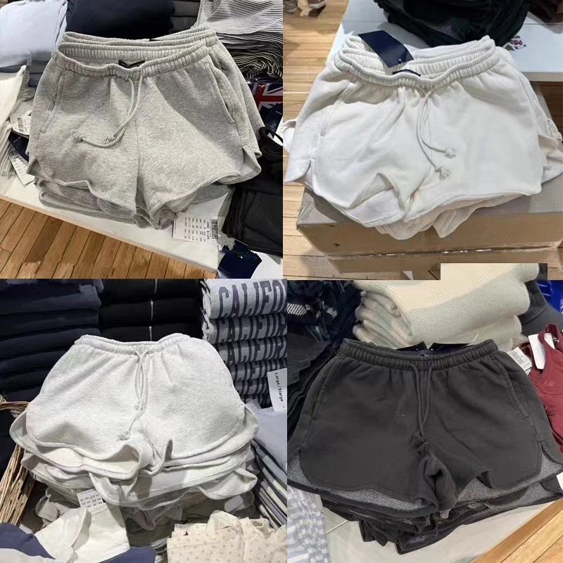 

Vintage Solid Drawstring Sports Shorts Women Summer Cotton Elastic High Waist Casual Sweatpants Y2k Streetwear Split Short Pants