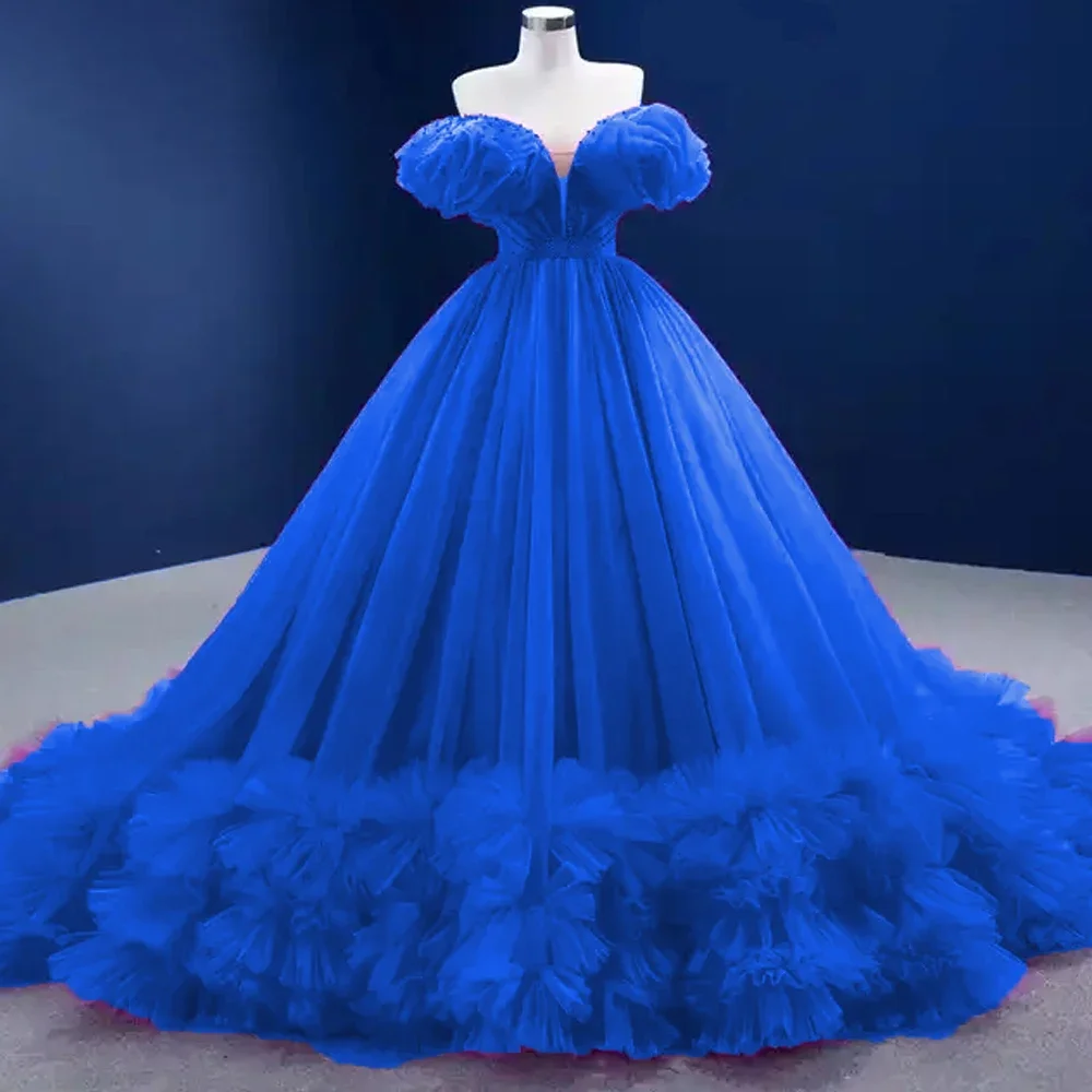 

Royal Ball Gowns Tulle Puffy Ruffles Sleeveless V Neck Evening Gown Maternity Photo Dress