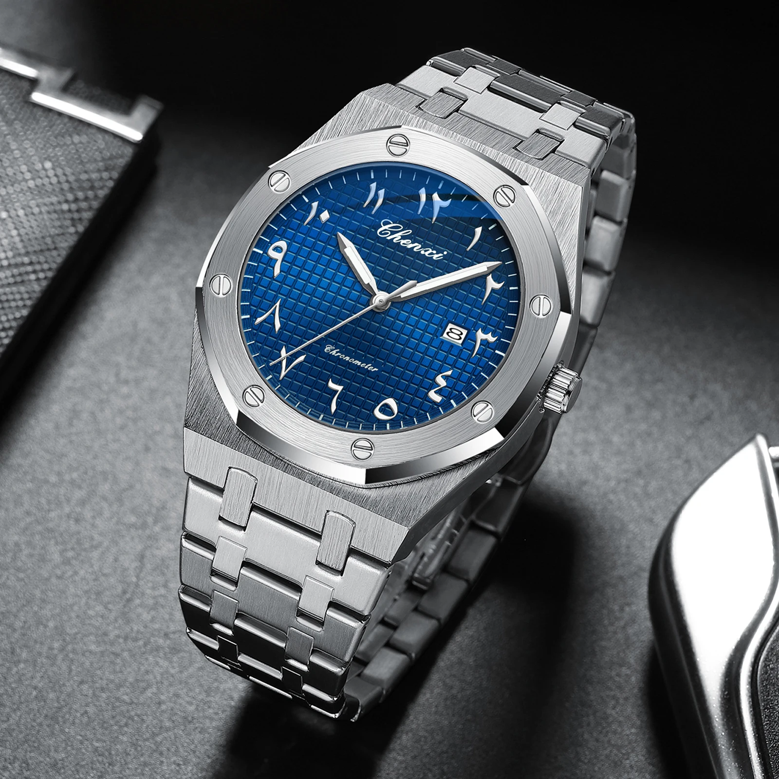 Chenxi nova marca superior casual relógio masculino esportes luminoso à prova dwaterproof água calendário inoxidável relógios de aço quartzo relógio de pulso masculino