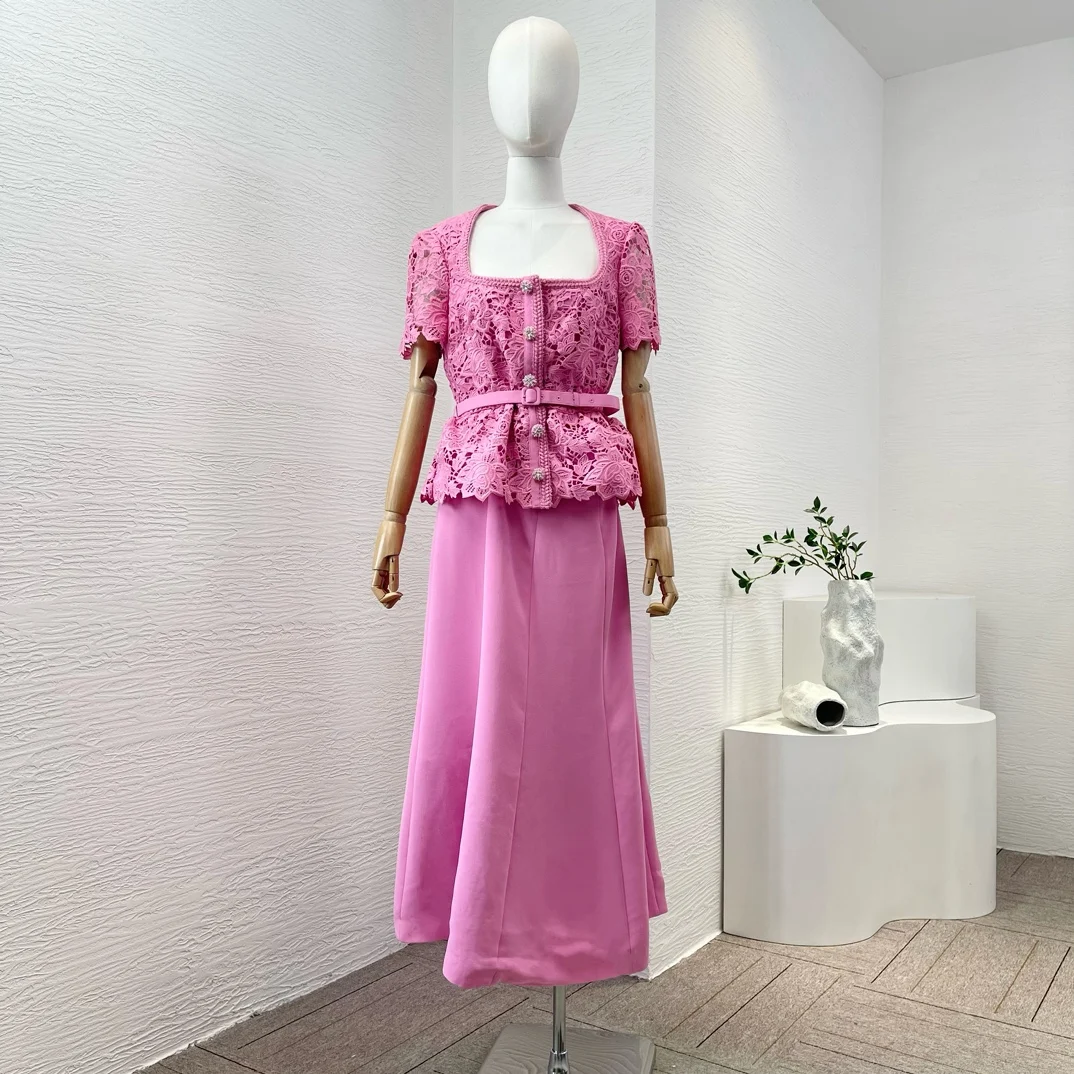 

Summer Pink Lace Patchwork Square Collar 2024 Top Quality Short Petal Sleeve Belted Women Midi Dress