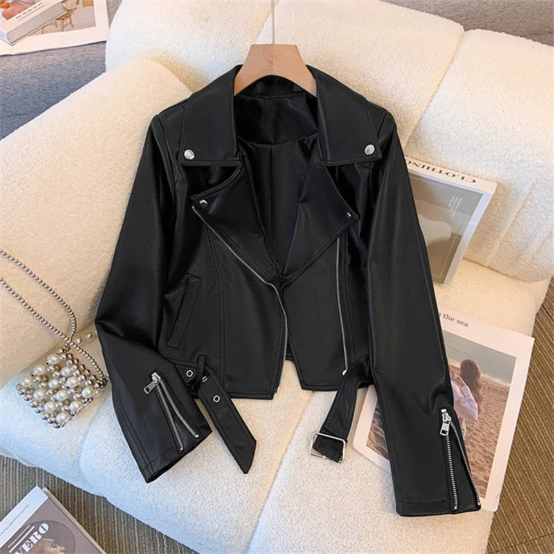 Streetwear Black Short Faux Pu Leather Jacket With Belt Women Beige Slim Short Coat Autumn Lapel Long Sleeve Female Biker Jacket