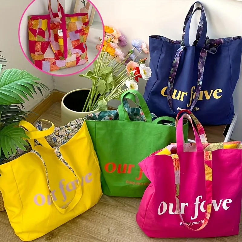 

Spring and summer dopamine rose red double-sided bag, large capacity vacation floral single shoulder handbag, small fresh letter