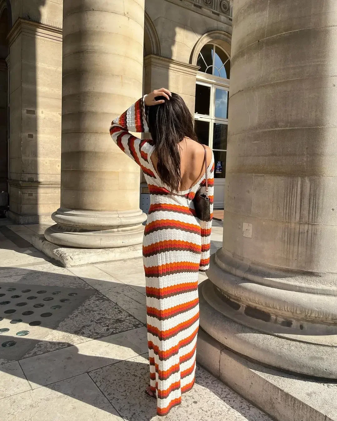 

2025 Sexy Long Sleeve Holidays Party Dress Summer Hollow Out Knitted Beach Robes for Women Elegant Fashion Striped Maxi Dresses
