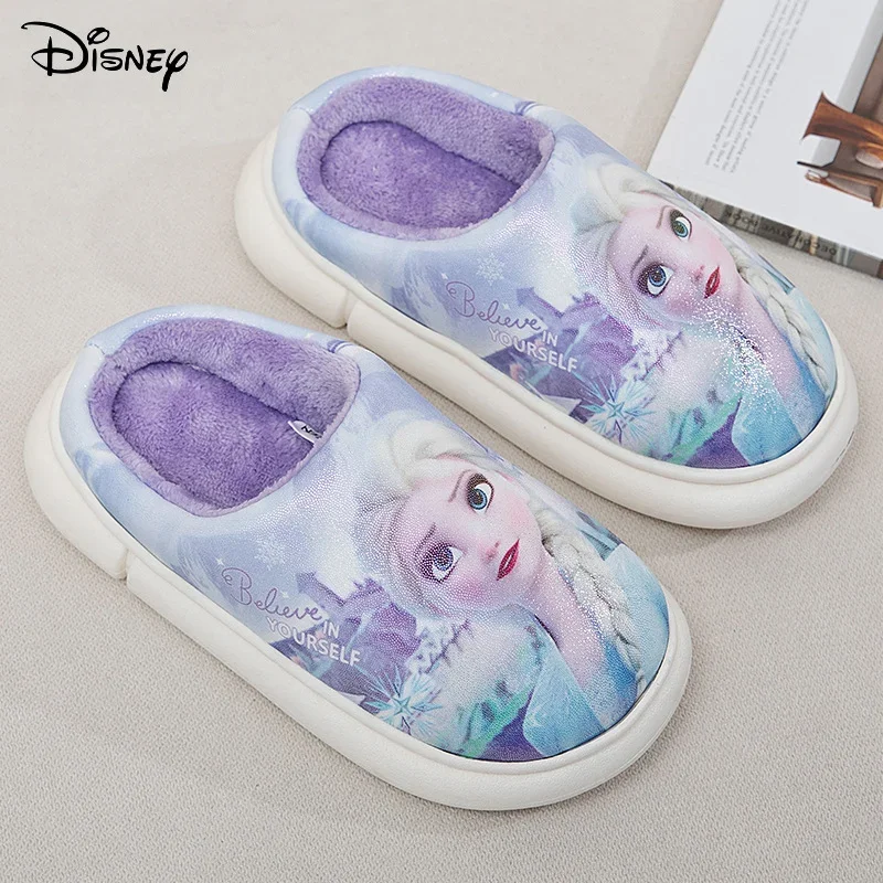 Disney Winter Cute Cartoon Non-slip Children\'s Plush Slippers Soft Sole Flip Flops Kids Girls Indoor Mule Warm Home Cotton Shoes