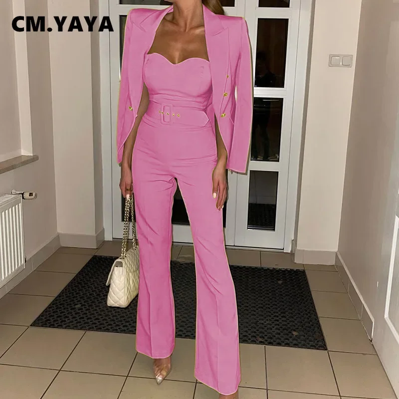 

Elegant Women's Set Long Sleeve Blazer Wide Leg Flare Belt Jumpsuit Suit Office Lady Tracksuit Two Piece Set INS Outfits