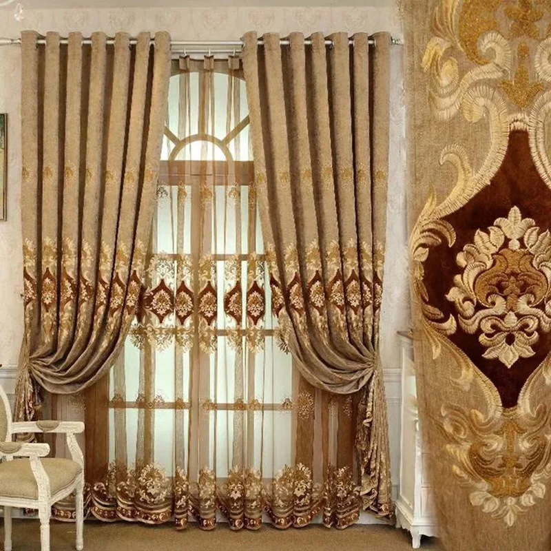 

European Brown Chenille Blackout Curtain for Living Room Villa Luxury Flower Embroidery Drapes Room Darkening Thermal Insulated