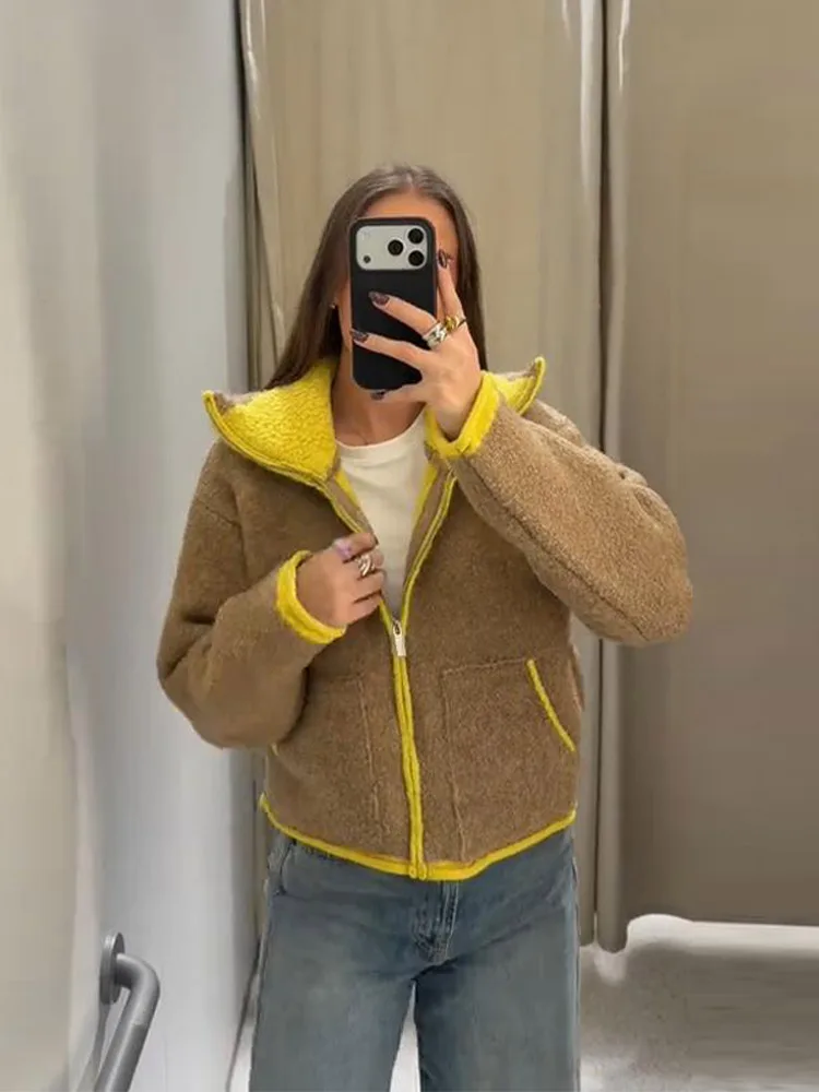 2026 ربيع جديد التباين سترة مشغولة من الصوف جاكيتات للنساء أنيقة طويلة الأكمام جيوب سستة سترة الشارع سيدة شيك أبلى #6