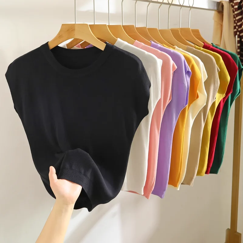 Summer Ice Silk Knit T-Shirts Women's O Neck Slim Solid Color Short Sleeve Top Fashion Elastic Camise Shirt for Women 2024