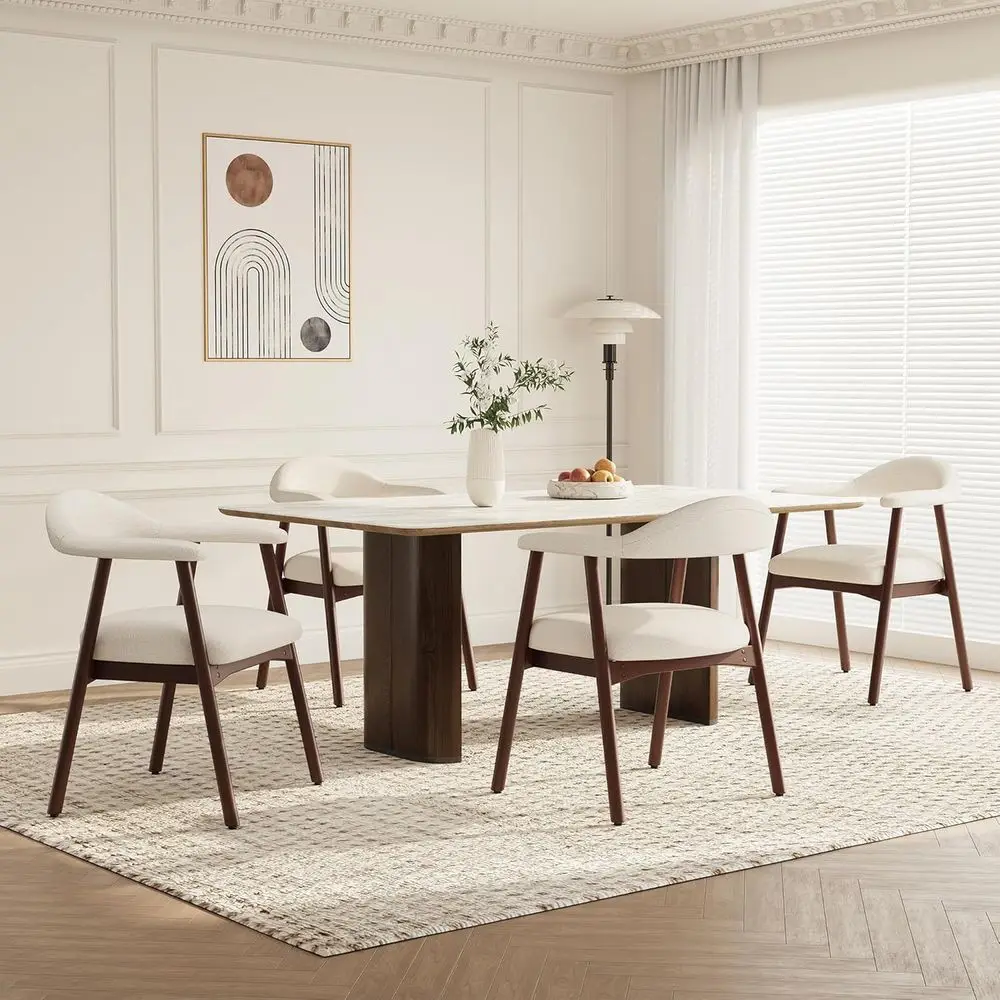 

Dining Chair with Armrest Set of 4, Modern Fabric Upholstered Dining Room Chair with Curved Back and Wood Legs, Comfortable Acce