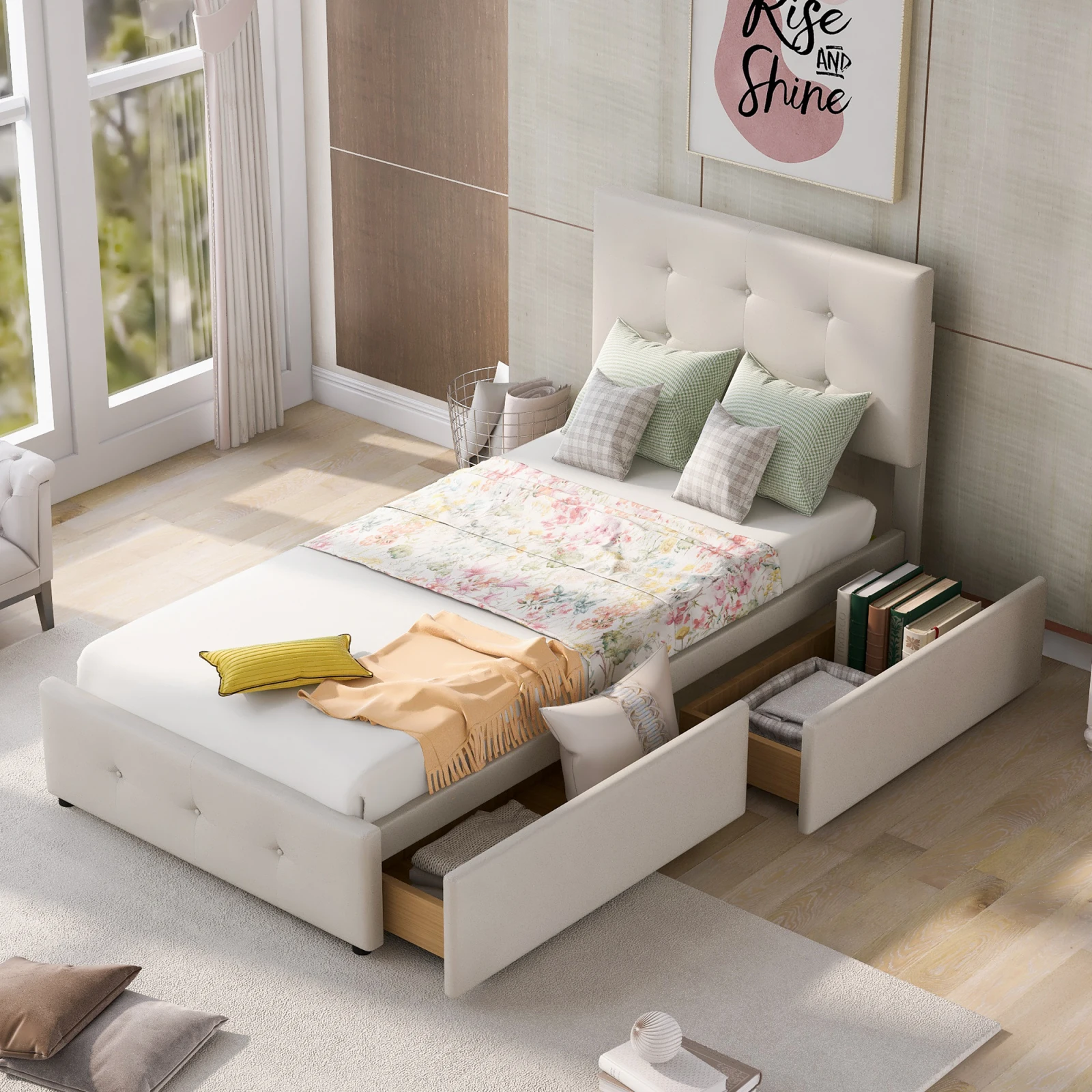 Superaly Cama Individual Tapizada en Terciopelo Blanco de 90x200cm con 2 Cajones, Cabecera Acolchada con Altura Ajustable y Plataforma con Almacenamiento, Colchón No Incluido
