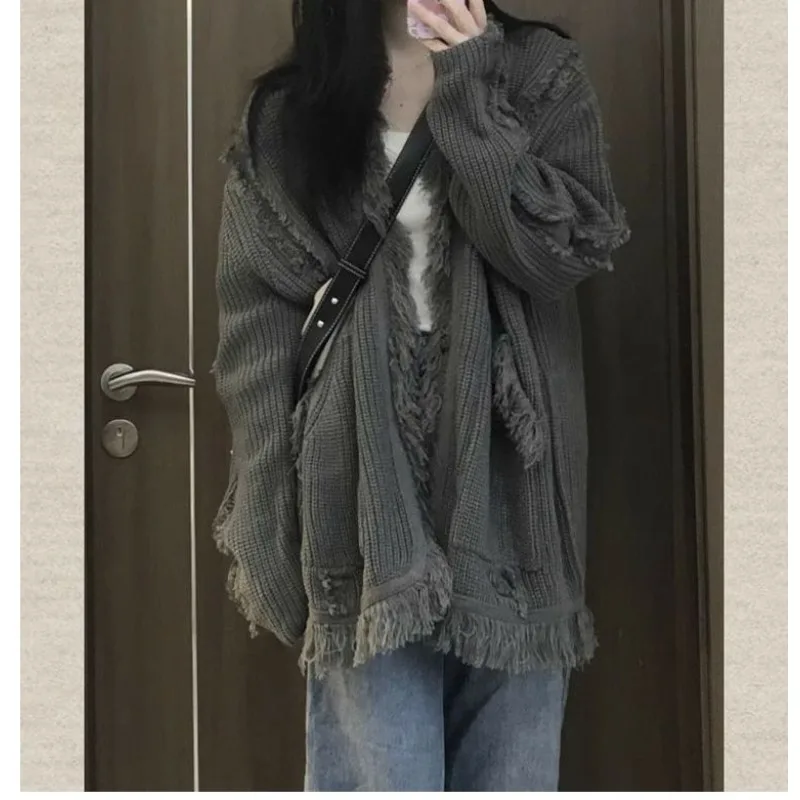 

QWEEK Vintage Sweater Harajuku Fashion Women's Jumper Oversize Cardigans Korean Streetwear New Knitted Grey Sweaters Autumn Chic