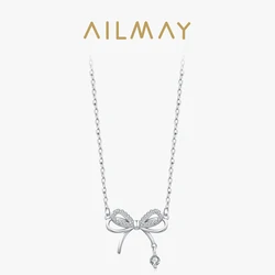 Ailmay Authentic 925 Sterling Silver Fashion Elegant Shiny CZ Bowknot Pendant Necklace For Women Romantic Wedding Jewelry Gifts