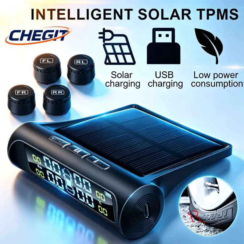 TPMS Car Tire Pressure Monitoring System Solar Charging 4 Internal/External Sensor Real-time Display Auto Alarm Car Accessories