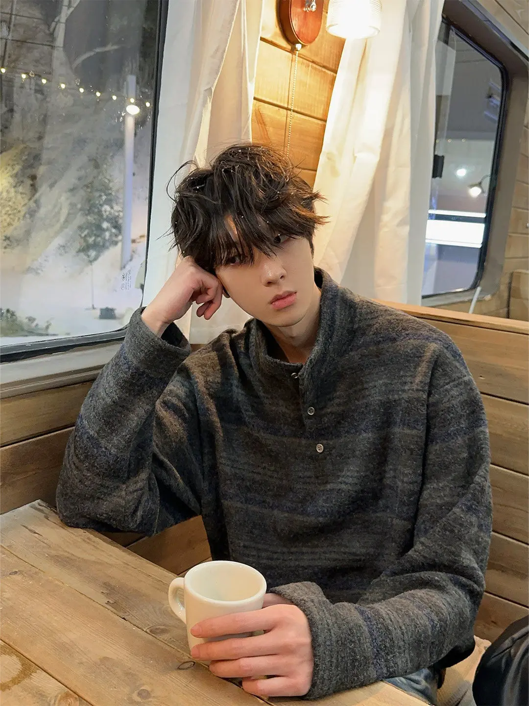 

American Retro Striped f High Ne Men's Sweater Couple's Knitted Top Casual Loose Fit Spring Polyester Fiber Long Sve