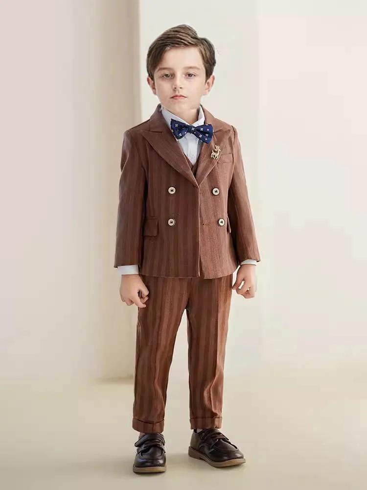 

Children Coffee Stripe Photograph Dress Gentleman Kids Birthday Suit Flower Boys Formal Wedding Party Performance Dance Tuxedo