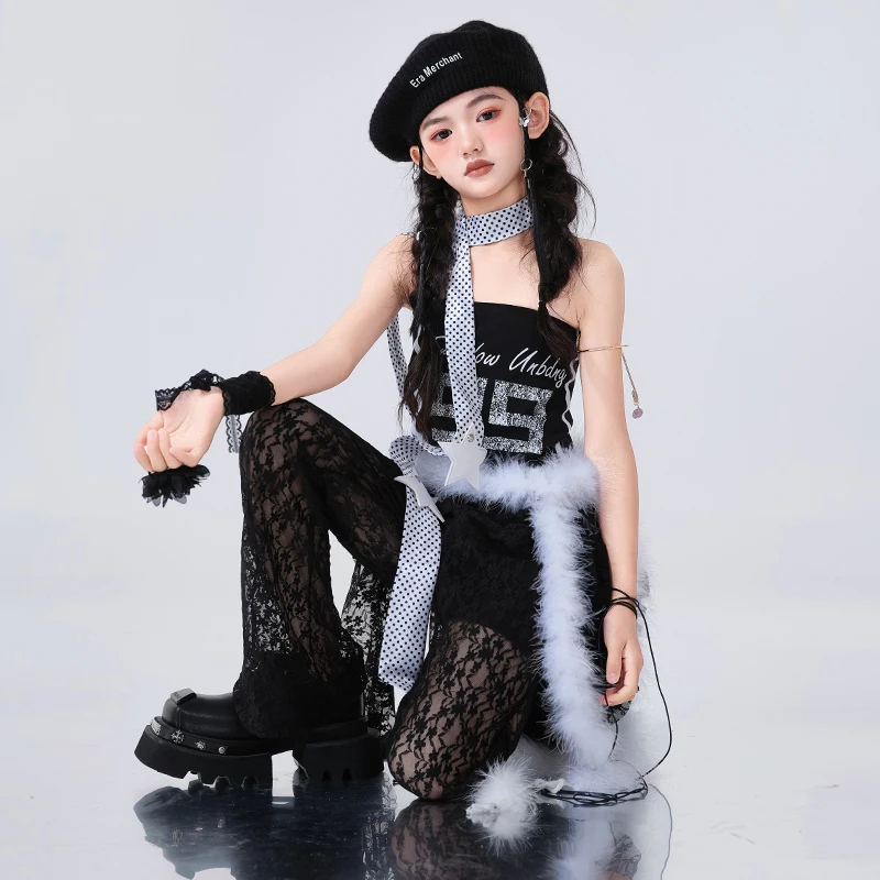 Kpop hip hop roupas de dança meninas jazz dança umbigo topos calças rendas verão street wear festival concerto terno palco bl16213