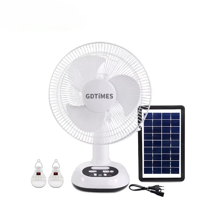 

12 Inch Solar Table Fan with Solar Panel Two Speeds Strong Wind Quiet Operation AC DC Desk Fan with LED Light USB Port