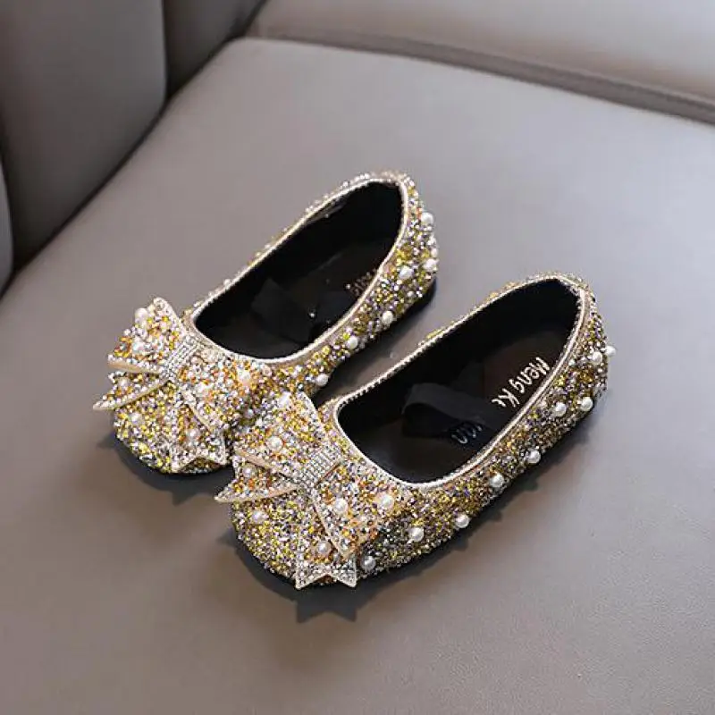 Children\'s Flats Kid\'s Single Shoes Fashion Girls Pink Rhinestone Bow Silver Princess Shoes Students Baby Party Show Shoes H791