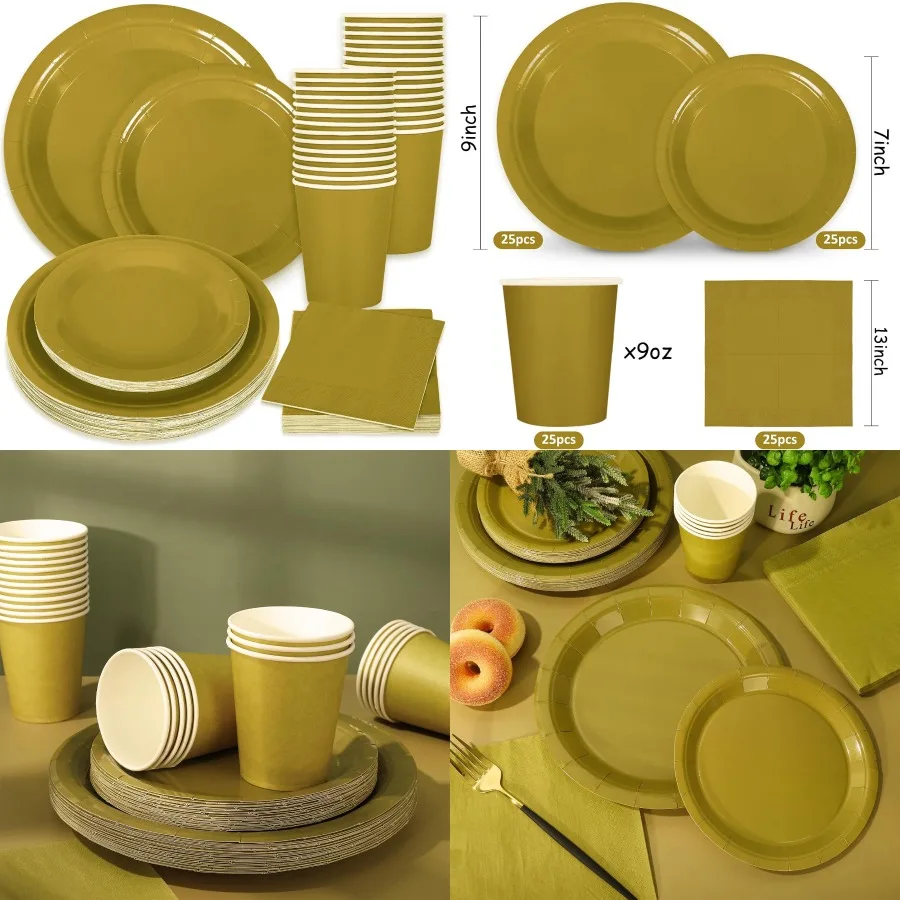 100Pcs Gold Tableware Set for Wedding Birthday Bride Shower and Party Supplies Disposable Dinnerware with 50Pcs Paper Plates 25