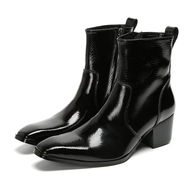 

BOARD Autumn Winter Small square head Heels Long Boots for Men COW LEATHER High-heeled Black pearlite layer Men's Boots