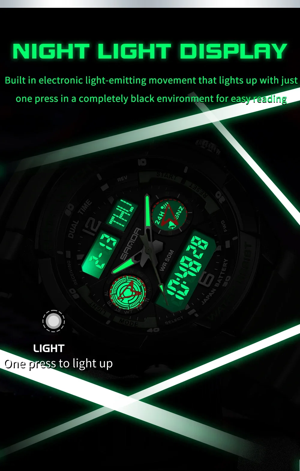 SANDA 6197 トップクラスメンズ韓国学生電子時計スポーツ多機能目覚まし時計防水メンズ腕時計 2024