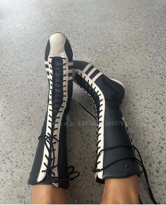 Sport Canvas Flats Casual Knee High Boots Fashion Lace up Summer Girl Running Boots Luxury Women Shoes Patchwork