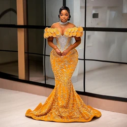 Luxury Gold Beading African Wedding Reception Dress Aso Ebi Tradition Bridal Party Dresses Shiny Beaded Lace African Formal Gown