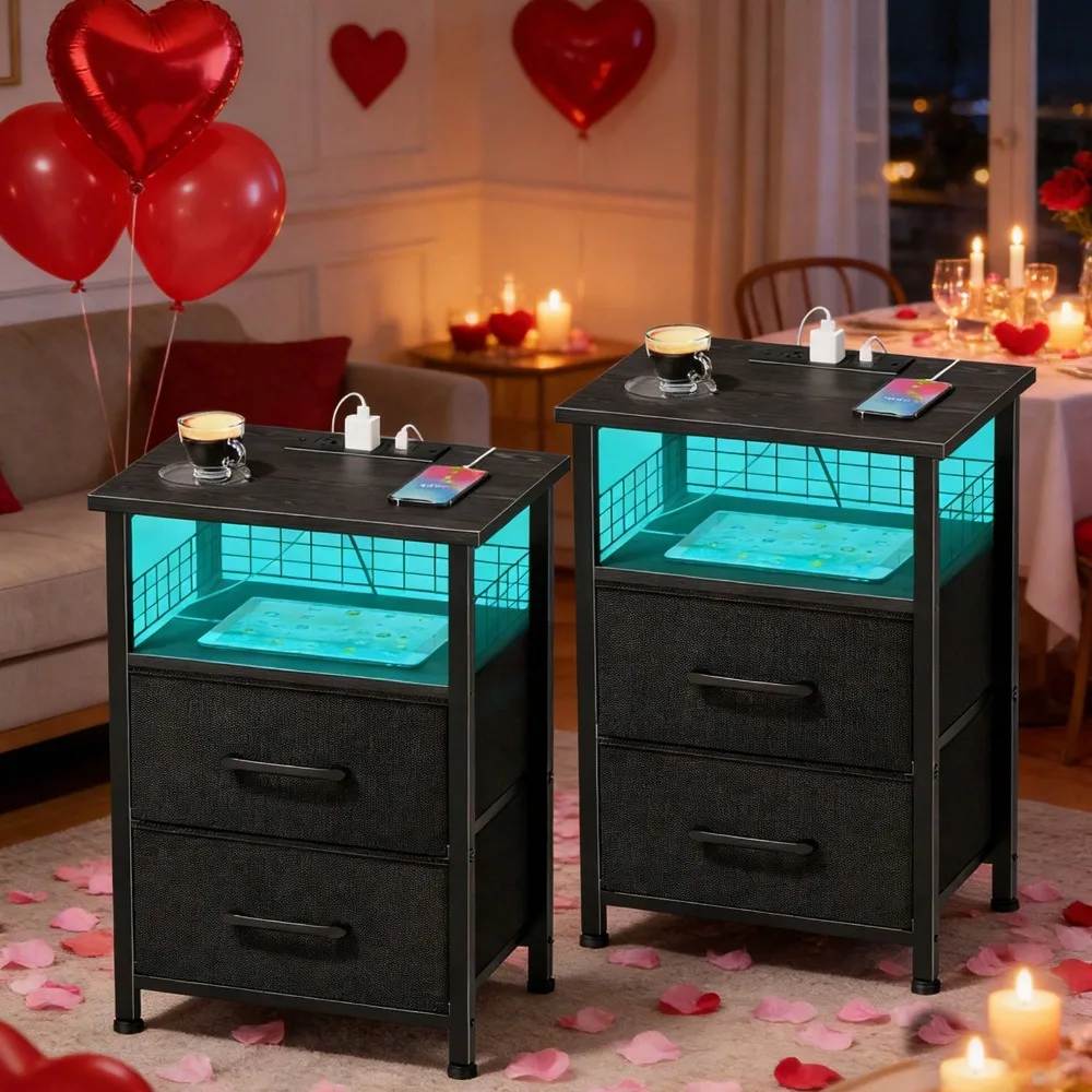 

Прикроватная тумбочка для спальни, комплект из 2 штук, тумбочка с полкой для хранения и 2 ящиками, приставной столик | Черный | Усовершенствованный дизайн | С.