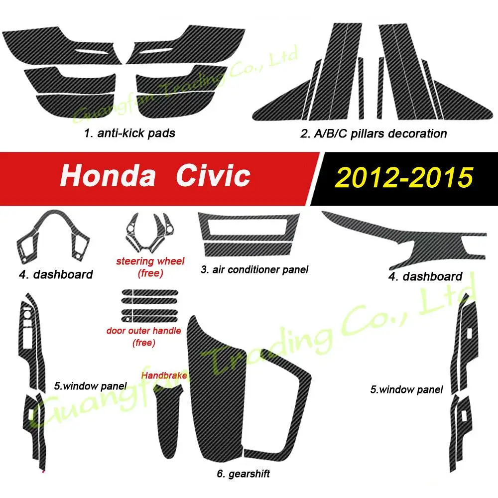For Honda Civic 2012-2015 4 doors 3D 5D Carbon Fiber Car Interior Cover Console Color Sticker Decals Parts Accessories