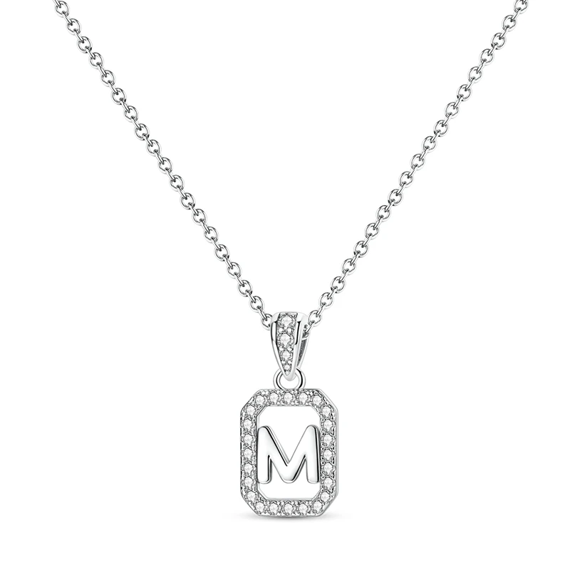 

925 Sterling Silver Letter M Pendant Necklace Zircon-Encrusted Rectangular Frame Design for Women Anniversary Birthday Jewelry
