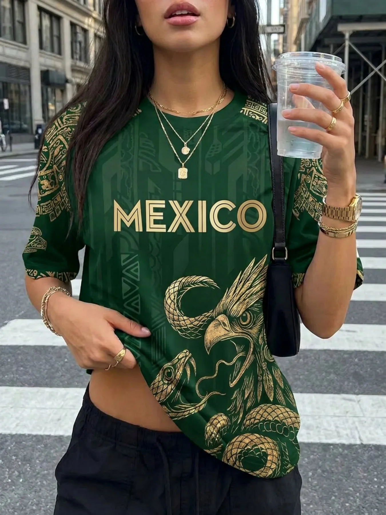 Women Mexico Eagle Serpent Print T-Shirt, Vintage Ethnic Graphic Tee, Breathable Quick Dry Top, Vacation Beach Street Daily Wear