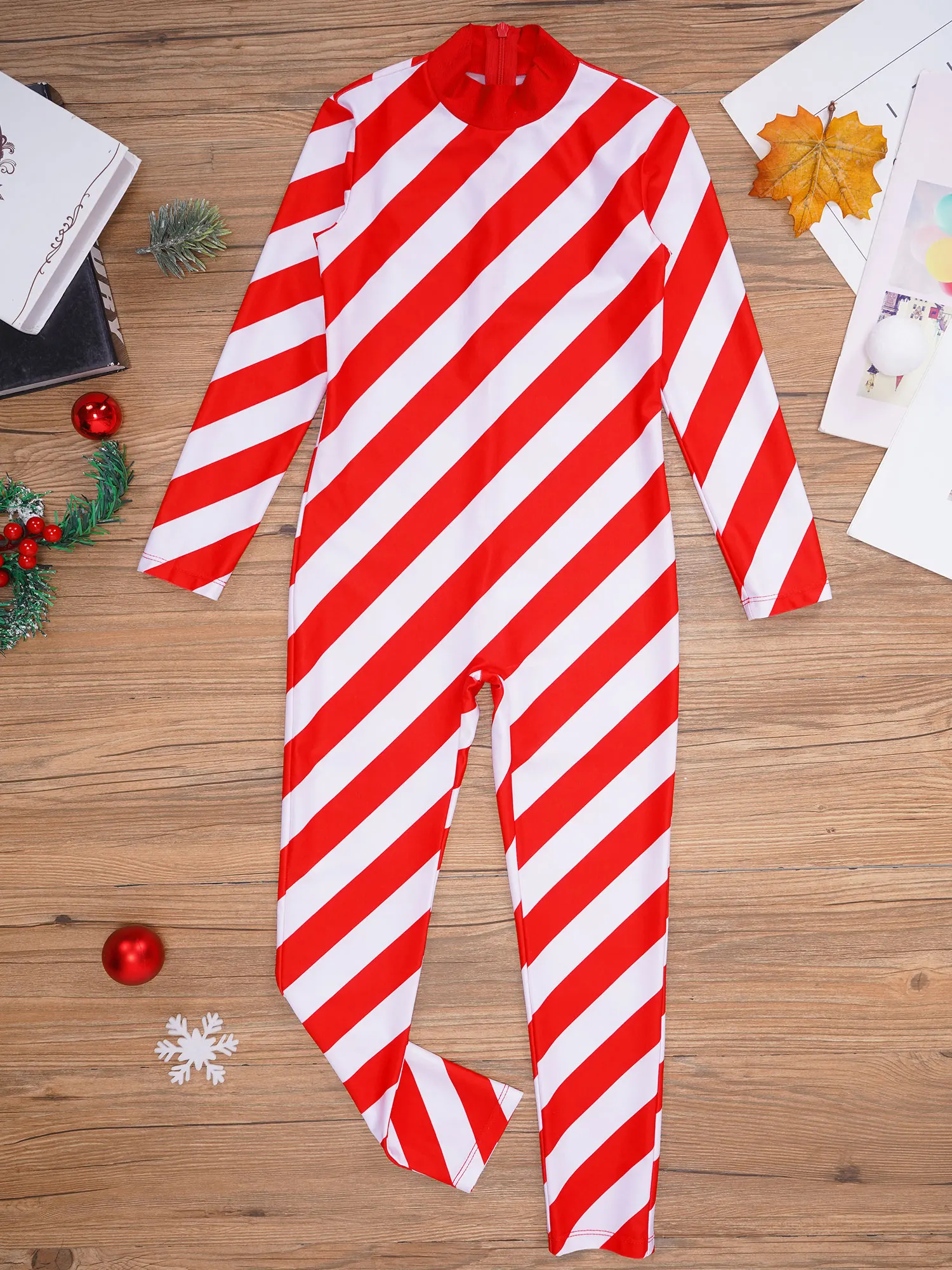 Kostum Leotard Spandex Lengan Panjang Kerah Tinggi Motif Permen Natal untuk Anak Perempuan, Jumpsuit Bodysuit untuk Pesta Natal, Pertunjukan Cheerleader