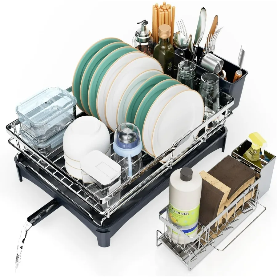 

Сушилка для посуды, полки для посуды из нержавеющей стали 304 для кухонной стойки с держателем для столовых приборов и держателем для губки, большая сушилка для посуды