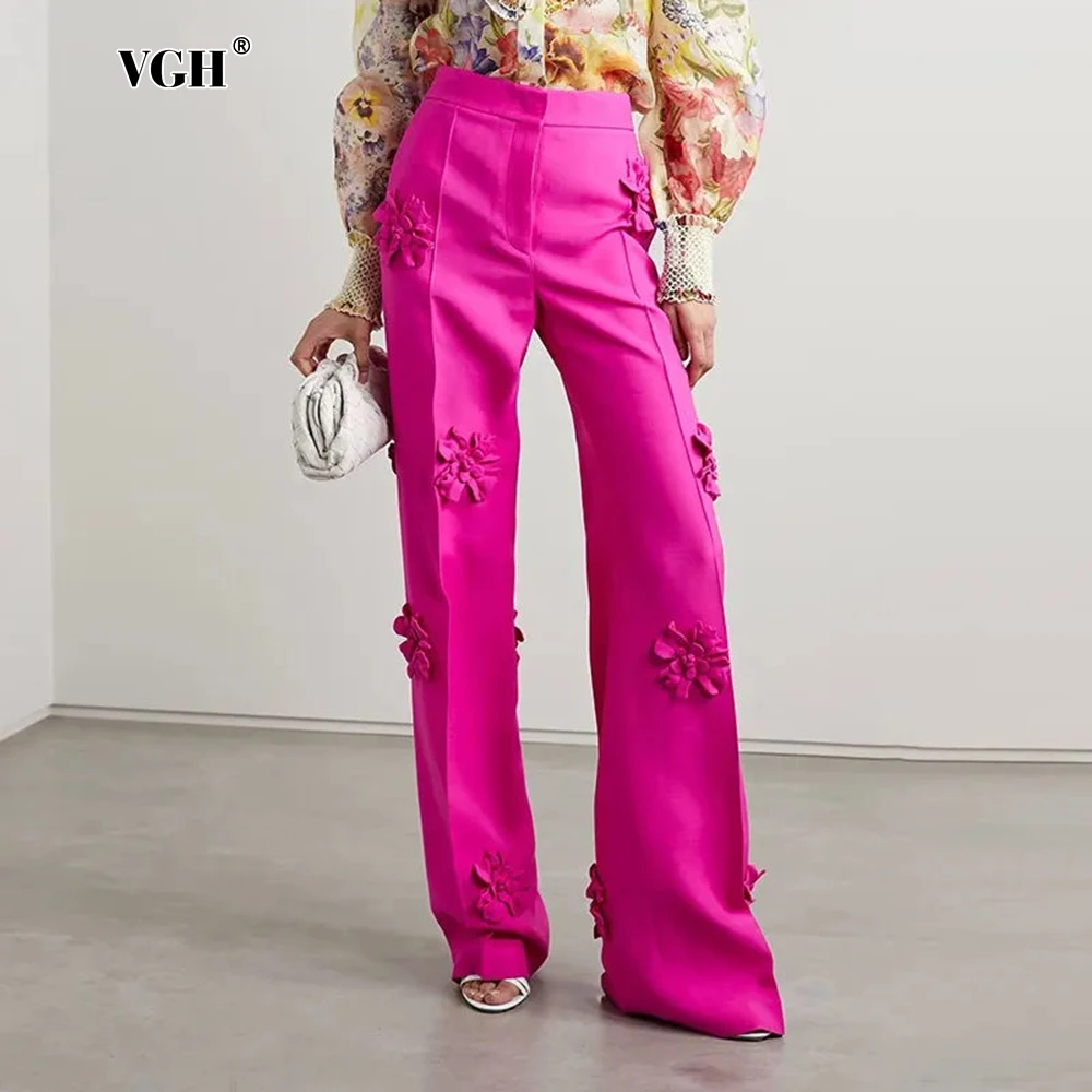 VGH Patchwork Appliques Elegant Trousers For Women High Waist Spliecd Pockets  Temperament Stright Long Pants Female 2024 New