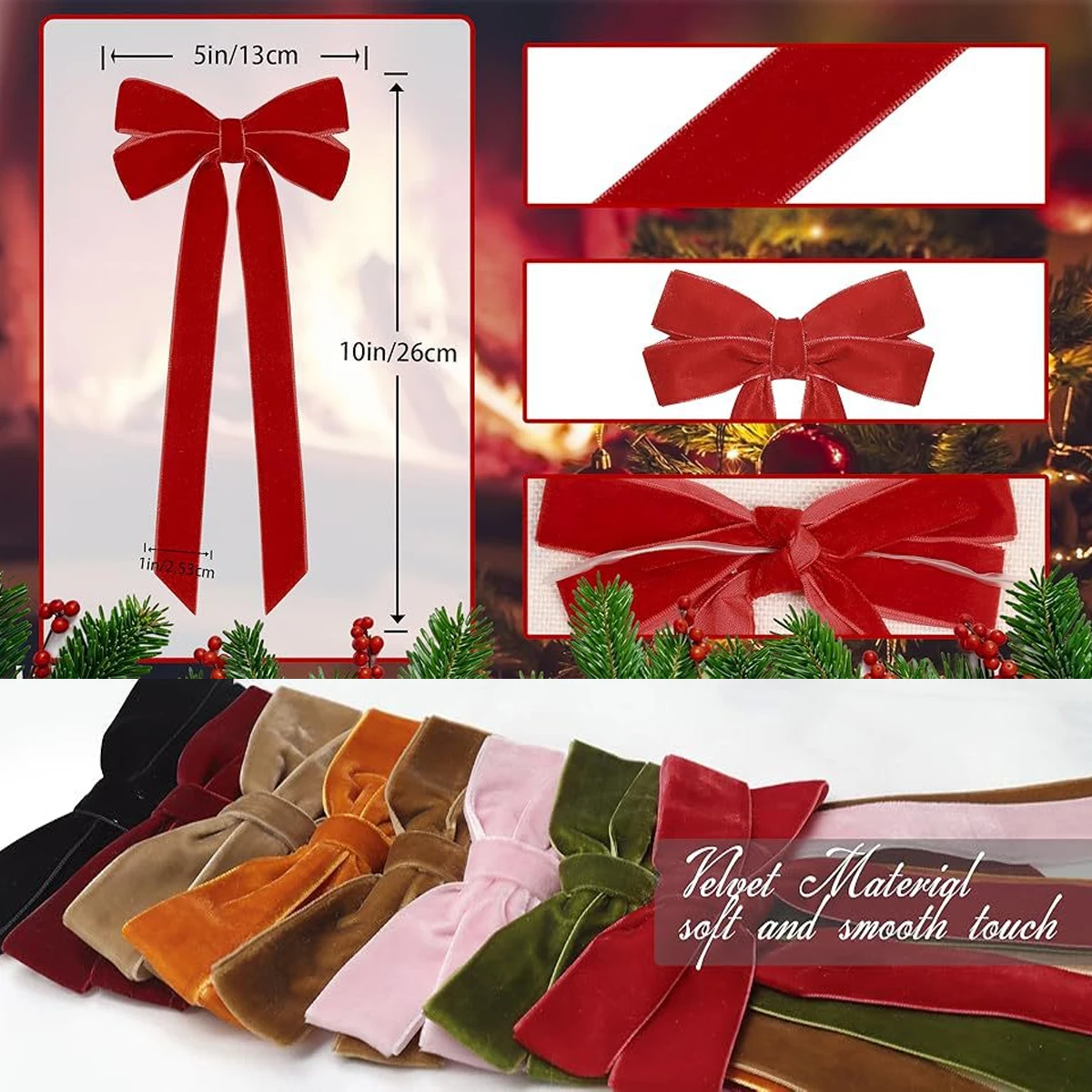 12 Stück burgunderrote Samtschleifen für die Weihnachtsbaumdekoration – festliche Feiertags-Girlandenbänder, weiche Stoffbänder, Feiertagsdekorationen – Detail 2