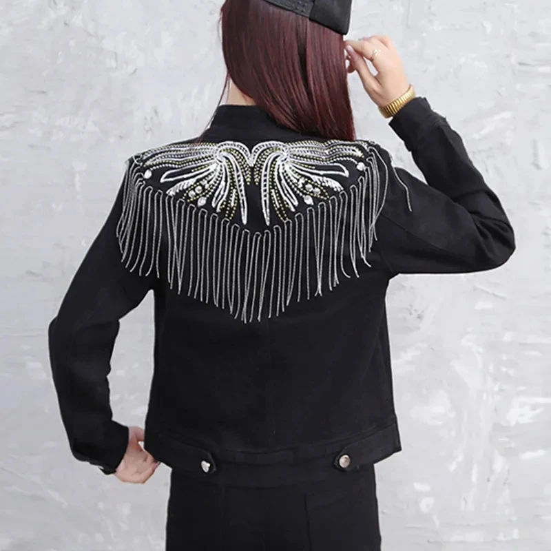 Fashion Black Denim Jacket Women Clothes 2023 Spring and Autumn New Jean Coat Female Tassel Sequin Slim Fitting Jackets Trend