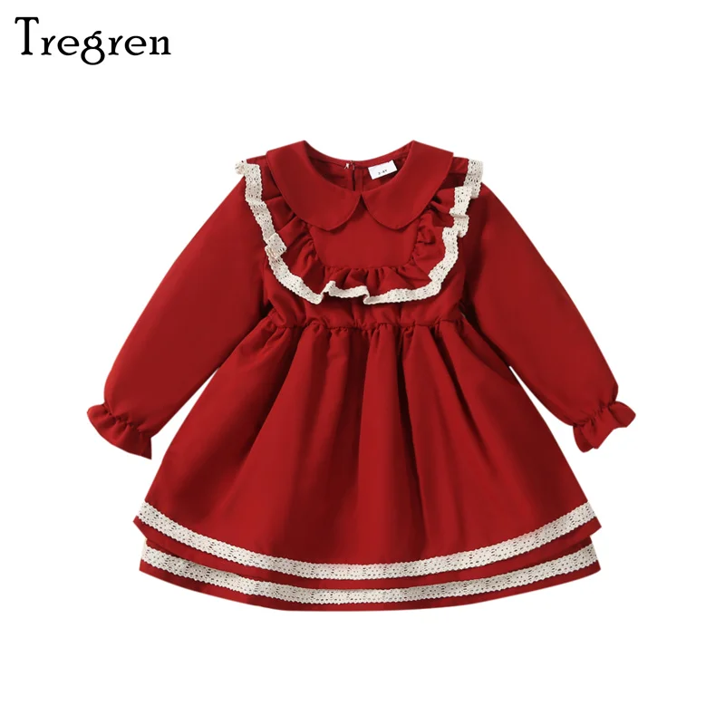 

Tregren 3-7Y Cute Little Girls Christmas Dress Kids Lace Trim Long Sleeve Pan Collar Mini Dress Sweet Round Neck Ruched Dress